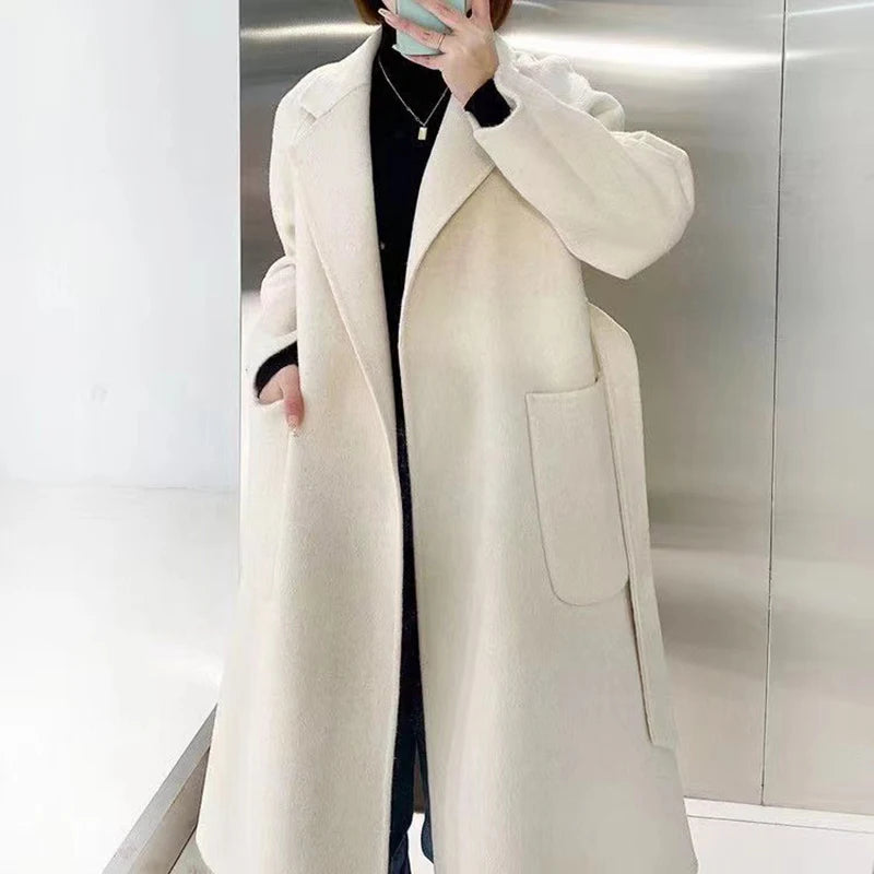 Big Turn Down Collar Cashmere Coat Ladies Pure Color Wool Coat Women Winter Coat