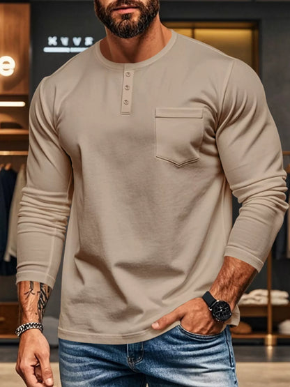 Men's Plus Size Casual Long Sleeve Henley T-Shirt with Pocket - -