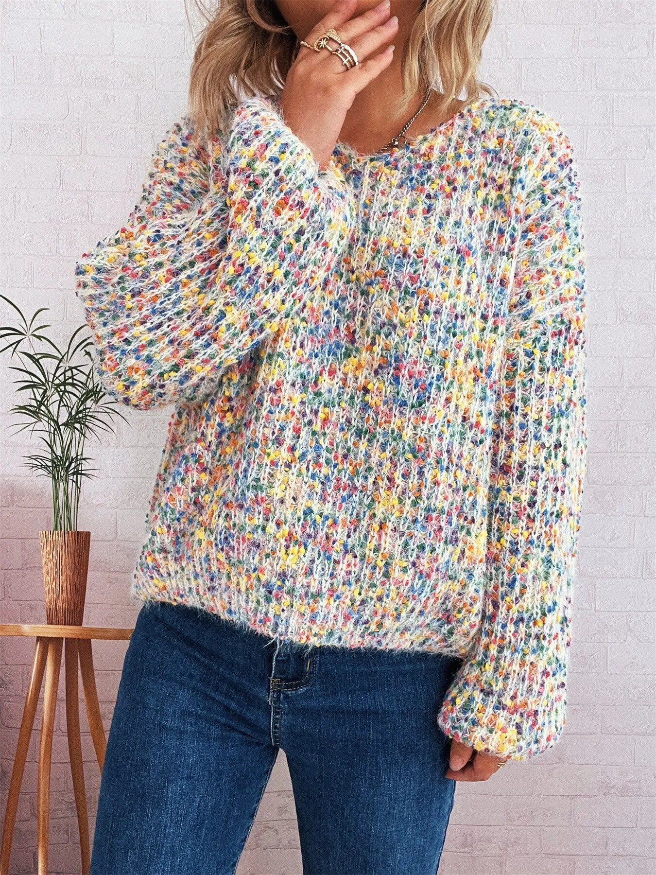 Colorful Long Sleeve Sweater - Yellow One Size -