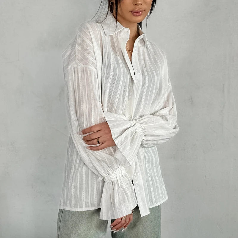 Jacquard Flare Sleeve Shirt White Solid Color Single-Breasted Loose Blouse