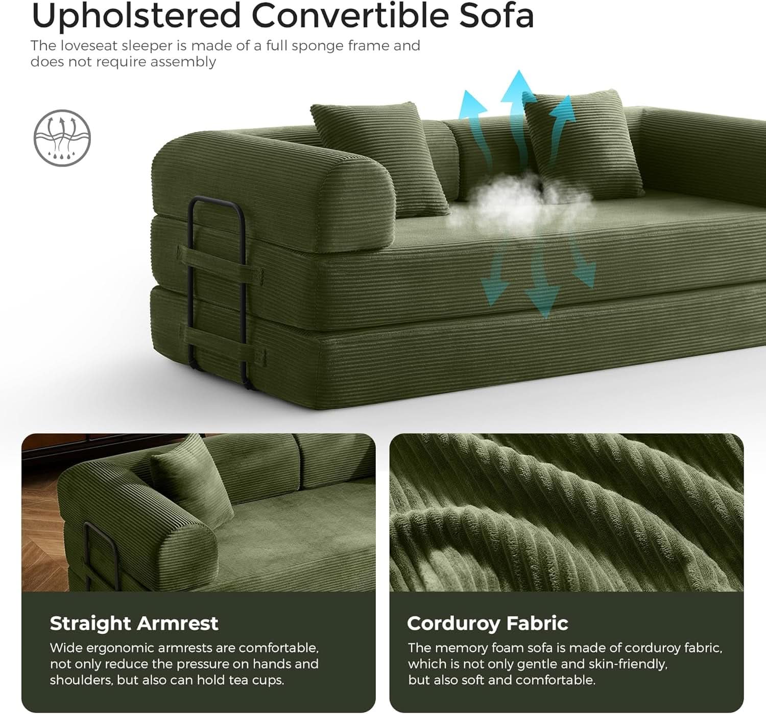 Green Convertible Sofa Bed With Removable Armrests- ShipItFurniture- {{Product type}}