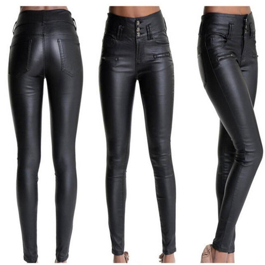 Edgy Rebel High-Waist Skinny Leather Pants – Shiny Black Faux Leather, Street Style, Motorcycle Chic - Black - Pants