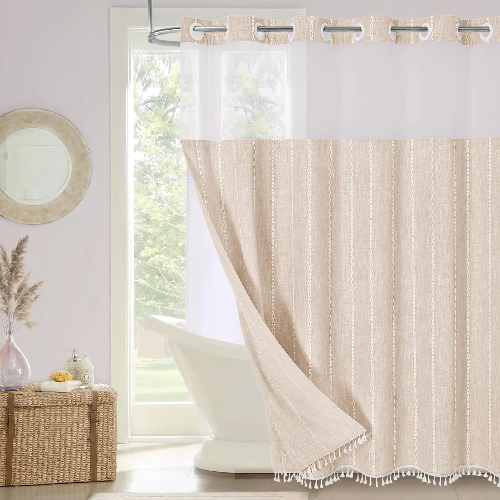 No Hooks Needed Farmhouse Shower Curtain with Snap-in Liner - with Window & Magnets Boho Cotton Linen Fabric Shower Curtains with Tassels for Rustic Bathroom Decor Beige/Cream 72 x 74 - Kia Day Design