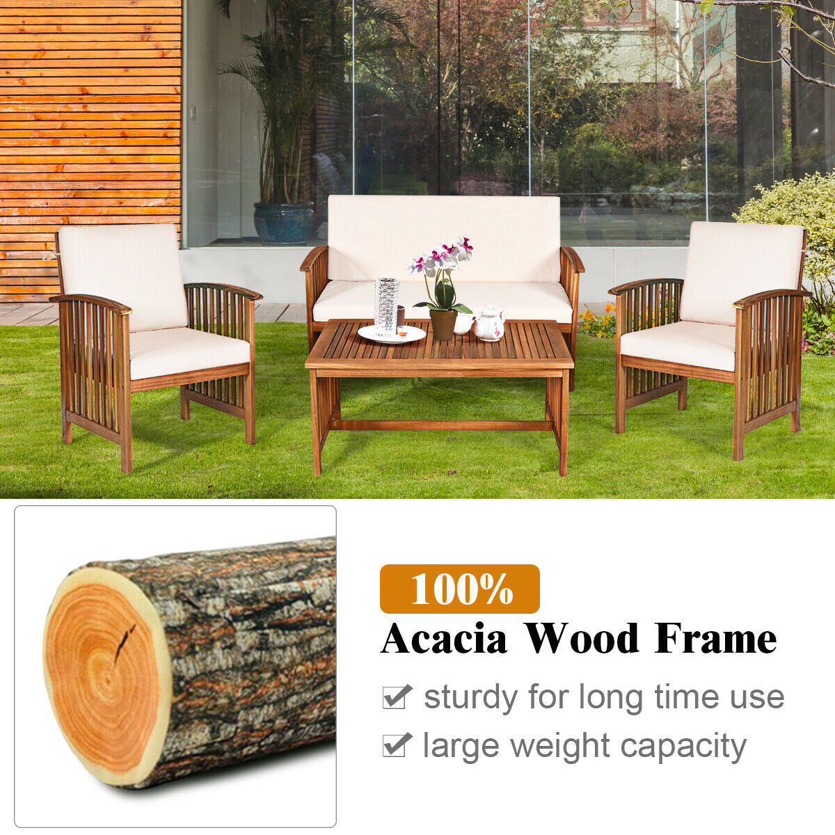4 Pieces Patio Solid Wood Furniture Set- DirectDeals- {{Product type}}