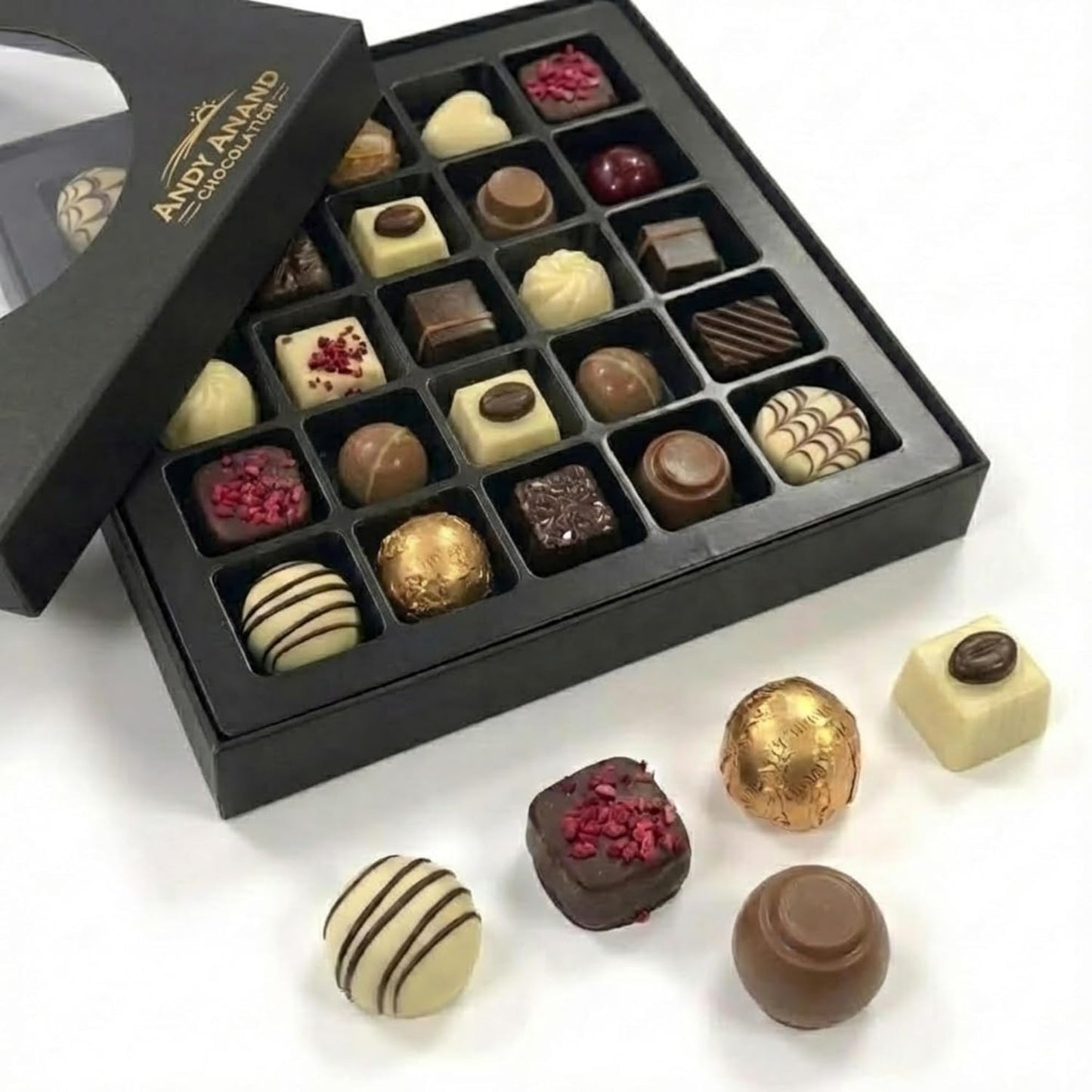 Andy Anand Premium Bon Bon Chocolate Collection, 25 pc – Truffles, Pralines, Pistachio Cream, Mint & Tiramisu, Birthday & Holiday Gift Box - - Food & Beverages > Desserts & Sweets > Chocolate