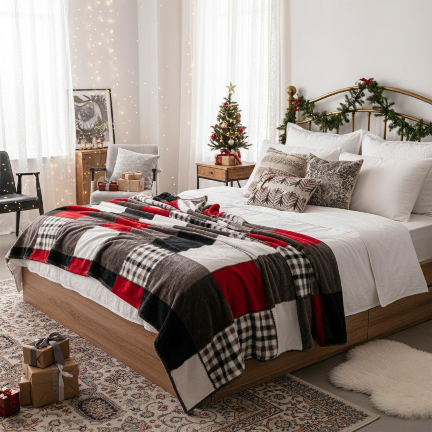 Tache Brown Red Sunset Maple Farmhouse Plaid Patchwork Throw Blanket (4025) - - Blanket