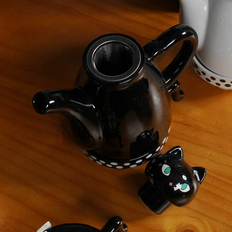 Ceramic Cup Set with Black and White Cat Design - - tea set