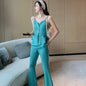 V-Neck Ruffled Suspender Top High-Waisted Wide-Leg Pants Suit L