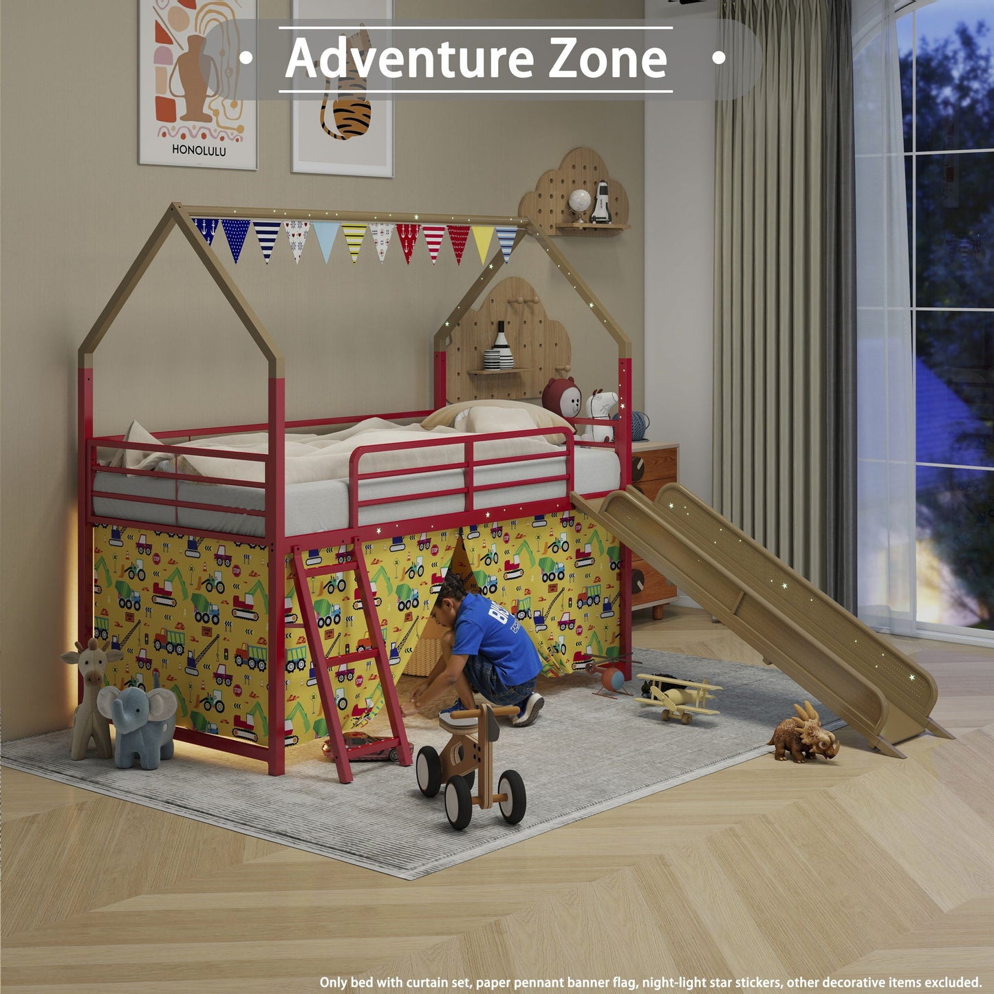 Jack - House Loft Bed With Slide And Curtain Set- HouseOfZazla- {{Product type}}