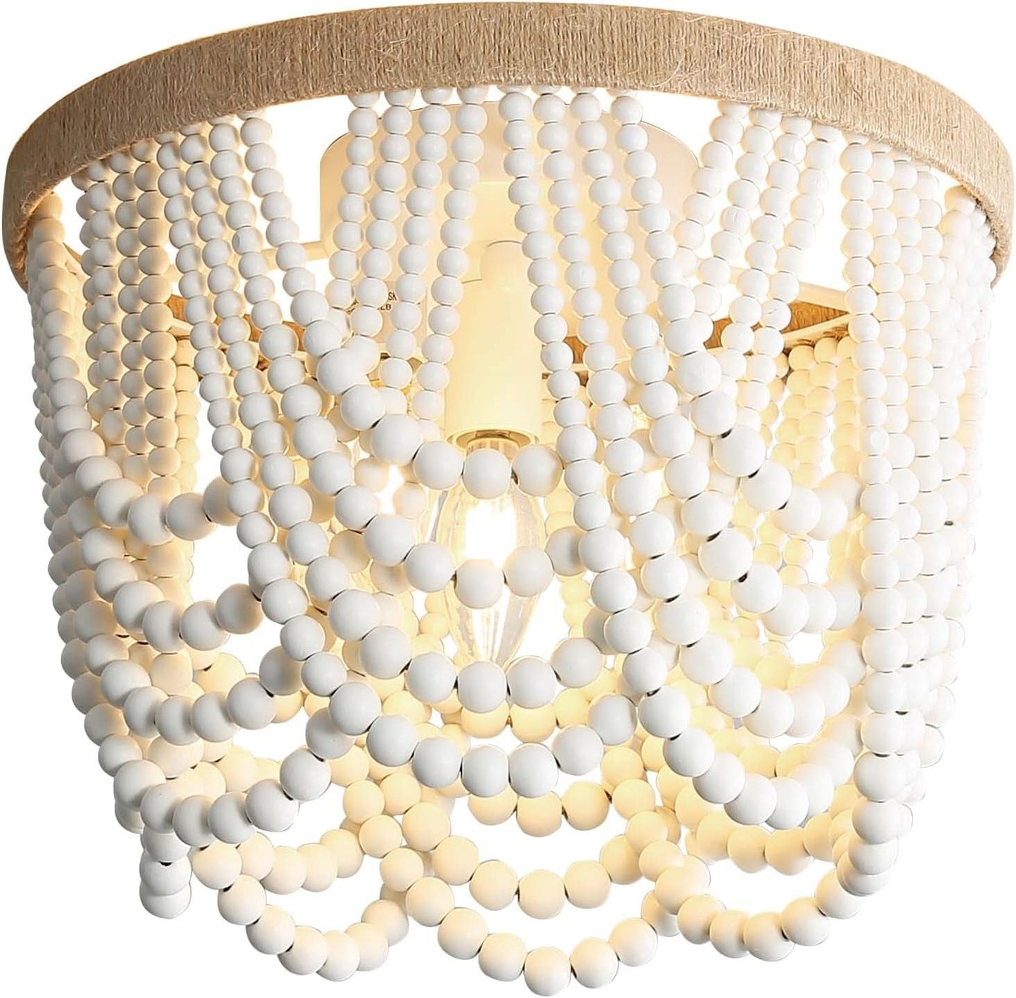 Three Light White Wood Bead Bohemian Chandelier Handmade - White -