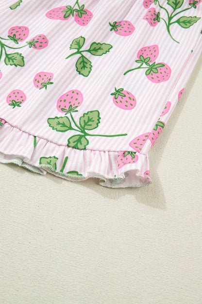 Striped Strawberry Print Lapel Shirt Drawstring Shorts 2pcs Pajama Set- Shopimist- {{Product type}}