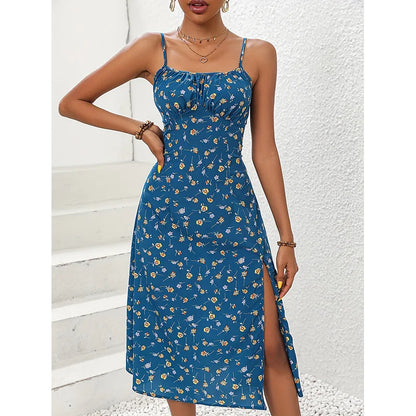 Floral Print Spaghetti Straps Dresses Summer Dress Square Neck Slit Dress