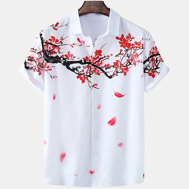 Mens Floral Chinese Style Shirt Short Sleeve Hawaiian Shirts Quick Dry Shirt