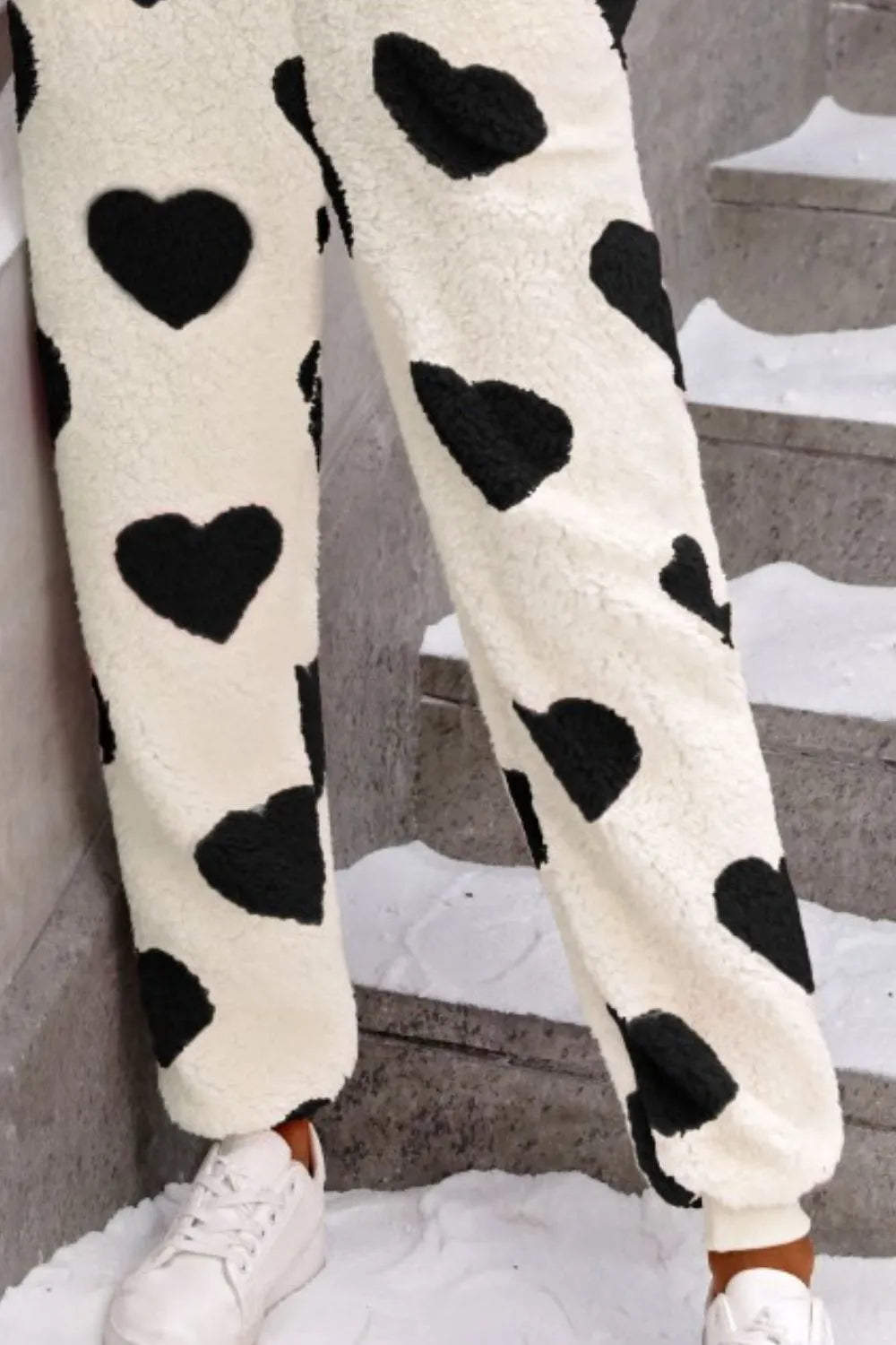 Fuzzy Heart Zip Up Hooded Lounge Jumpsuit - -
