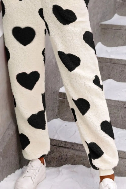 Fuzzy Heart Zip Up Hooded Lounge Jumpsuit - -