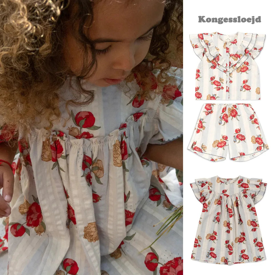 Girls Flower Print Dresses and Shirt Shorts 2 Pc Sets