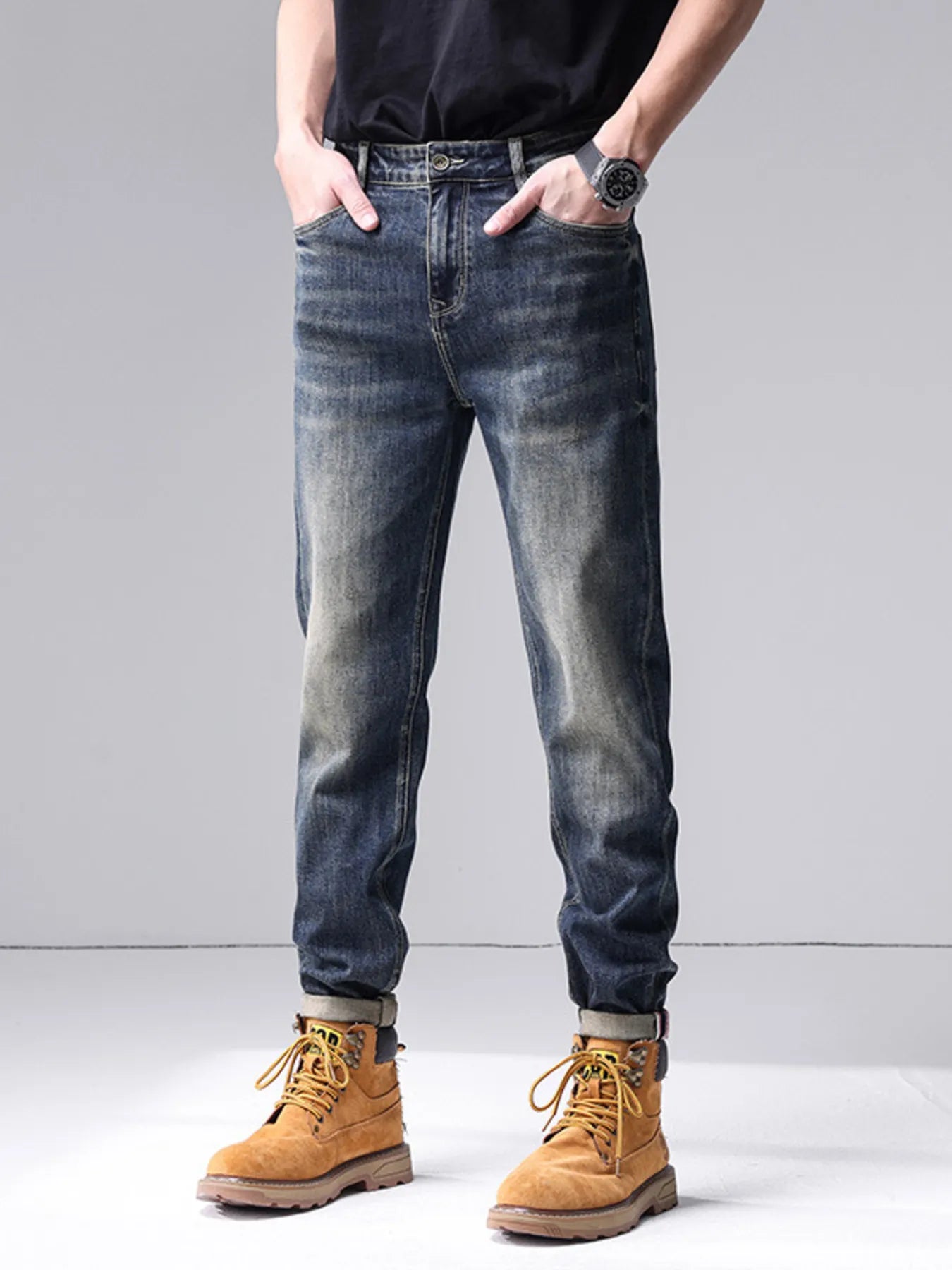Men's Washed Straight Leg Jeans - -