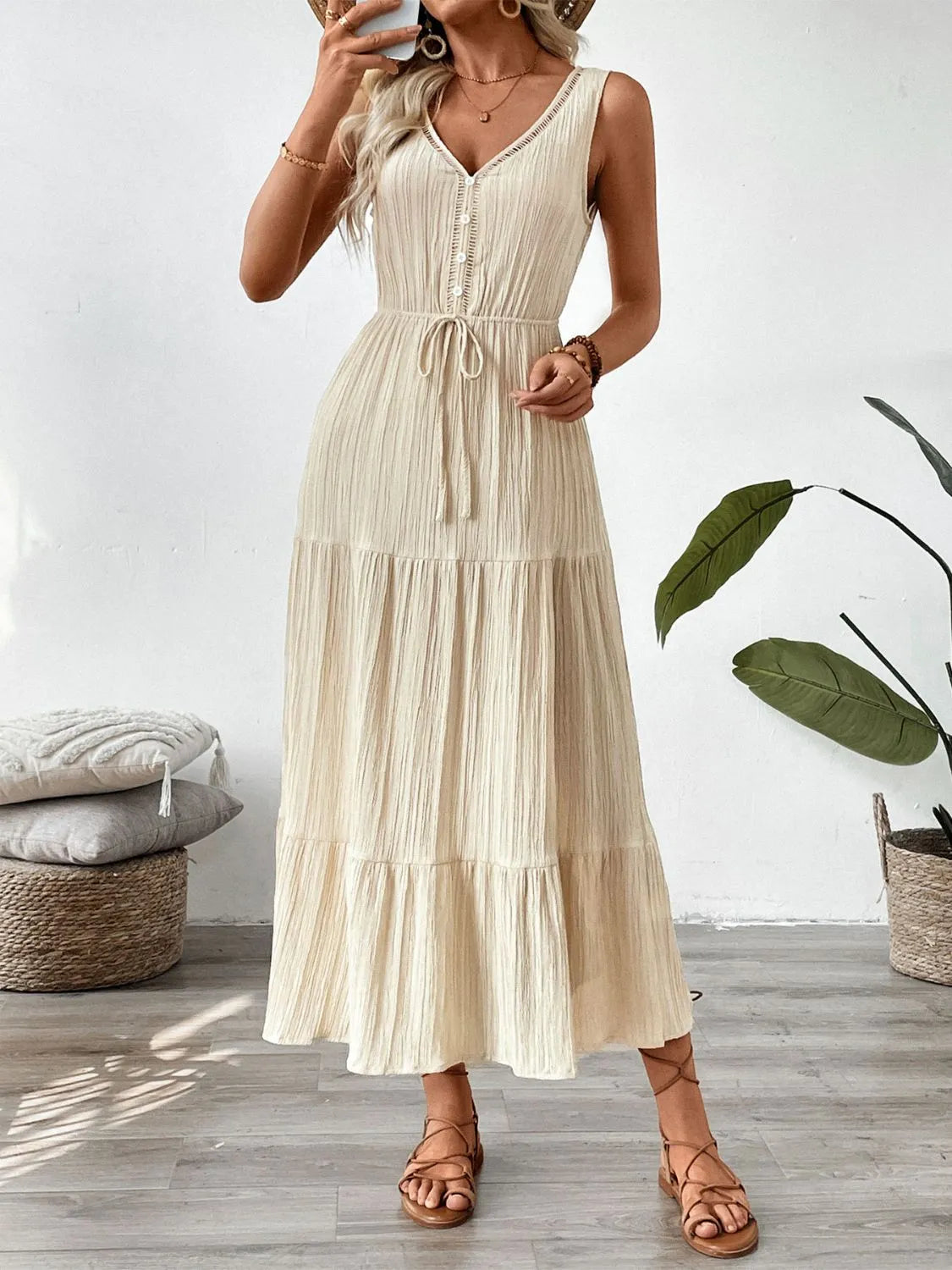 Decorative Button V-Neck Sleeveless Midi Tank Dress - -