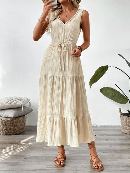 Decorative Button V-Neck Sleeveless Midi Tank Dress - -