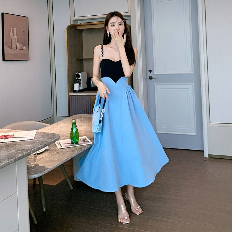 Elegant Sundress A-Line French Suspender Party Dress Big Swing Blue Midi Dress