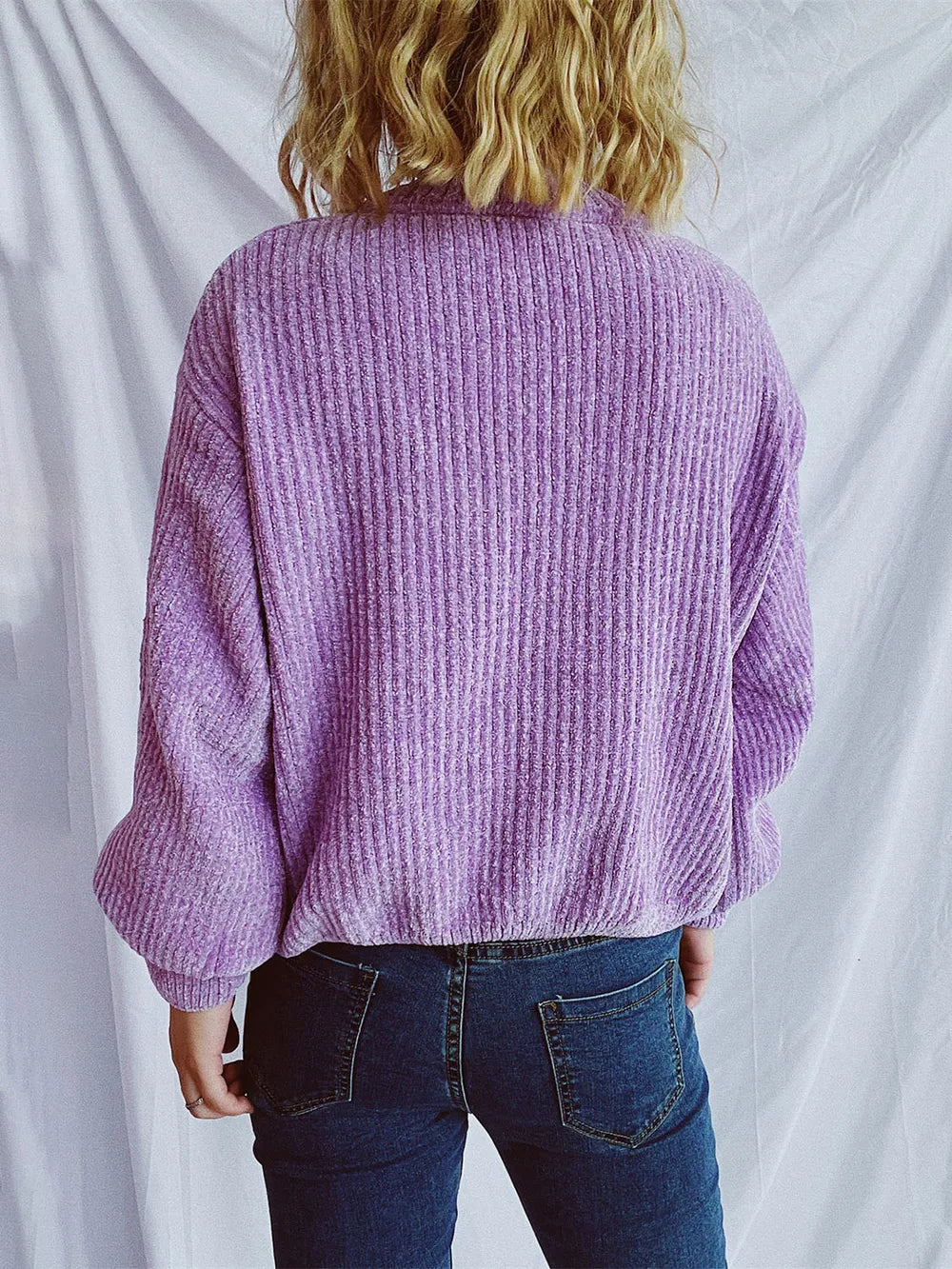 Round Neck Dropped Shoulder Long Sleeve Sweater - -