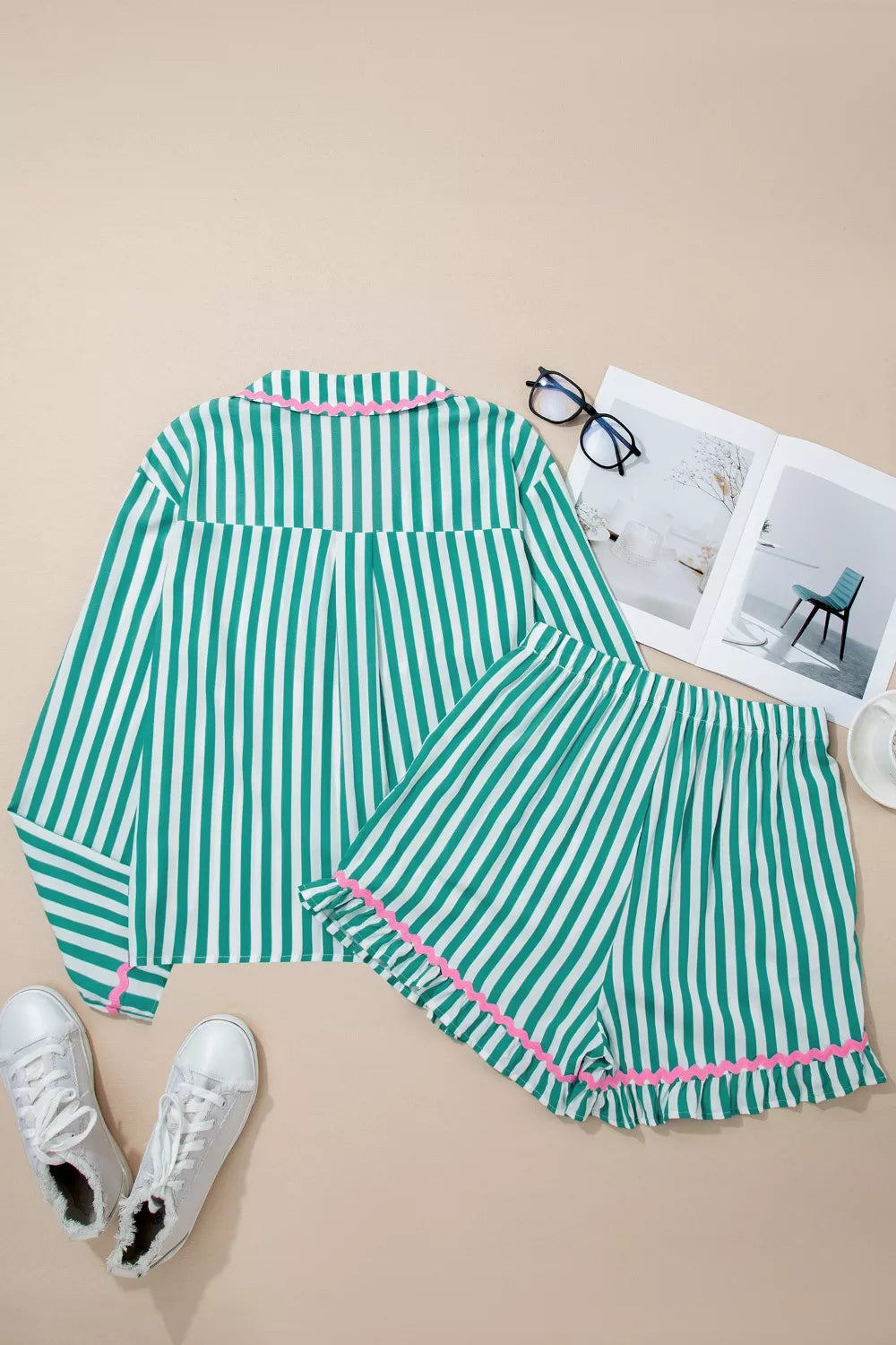 Stripe Contrast Ricrac Trim Long Sleeve Shirt Drawstring Ruffled Pajama Short Set- Shopimist- {{Product type}}