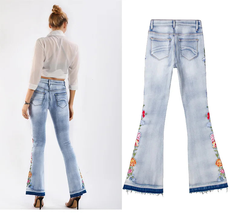 Women Flared Jean Mujer Embroidered Pants Flared Jean Extra Long Floral