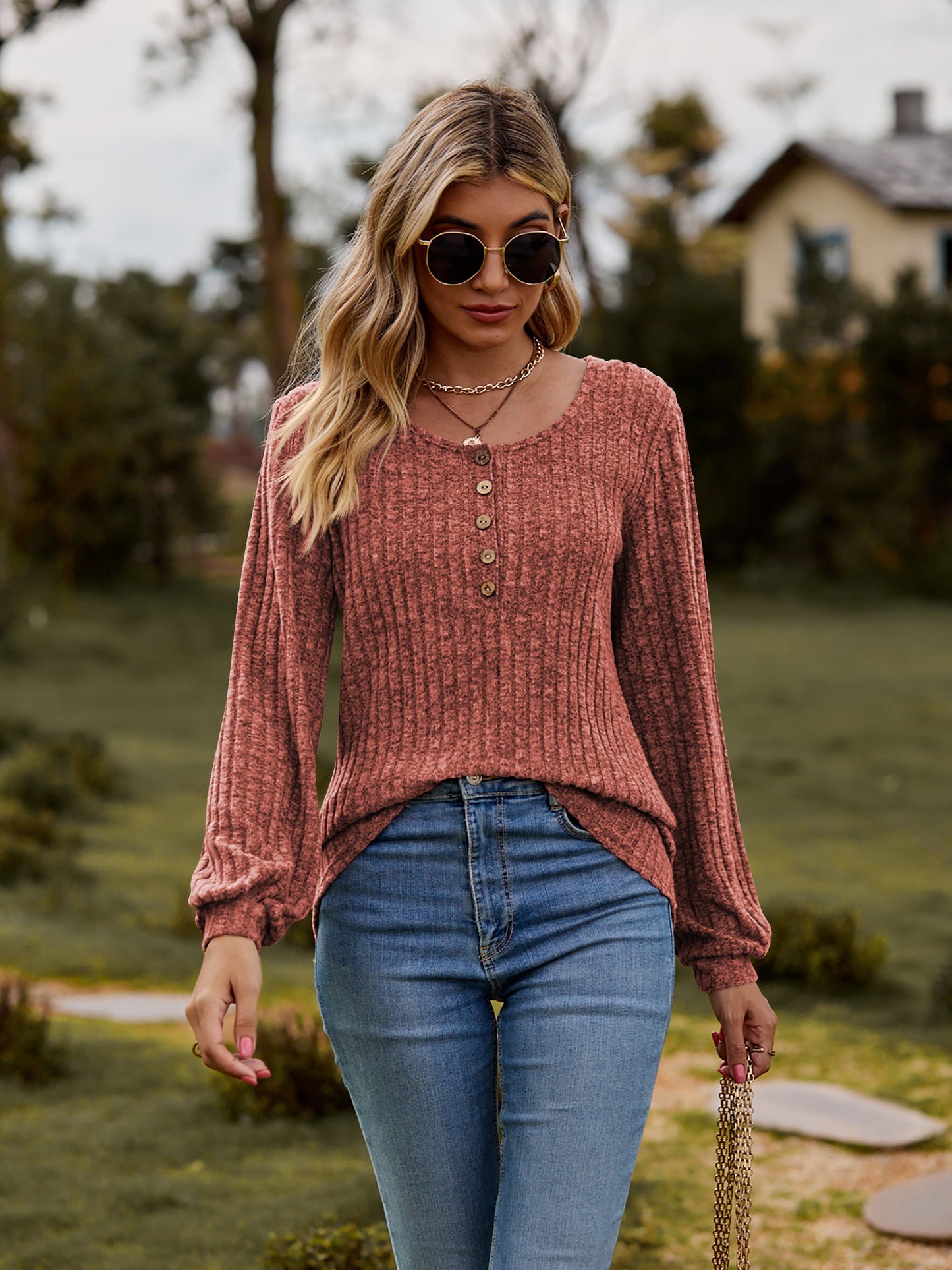 Round Neck Button-Down Long Sleeve Tee - Rust -