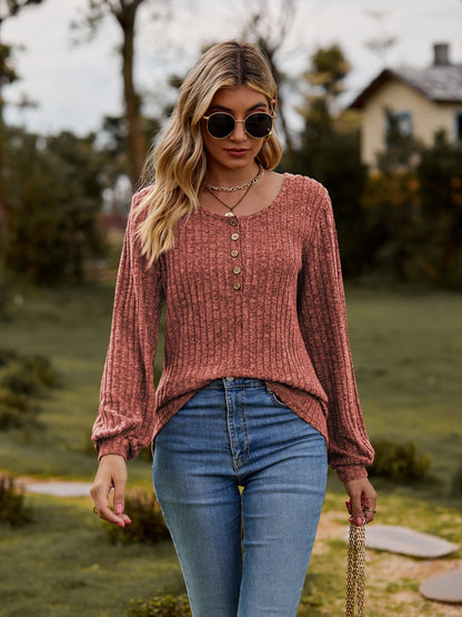 Round Neck Button-Down Long Sleeve Tee - Rust -