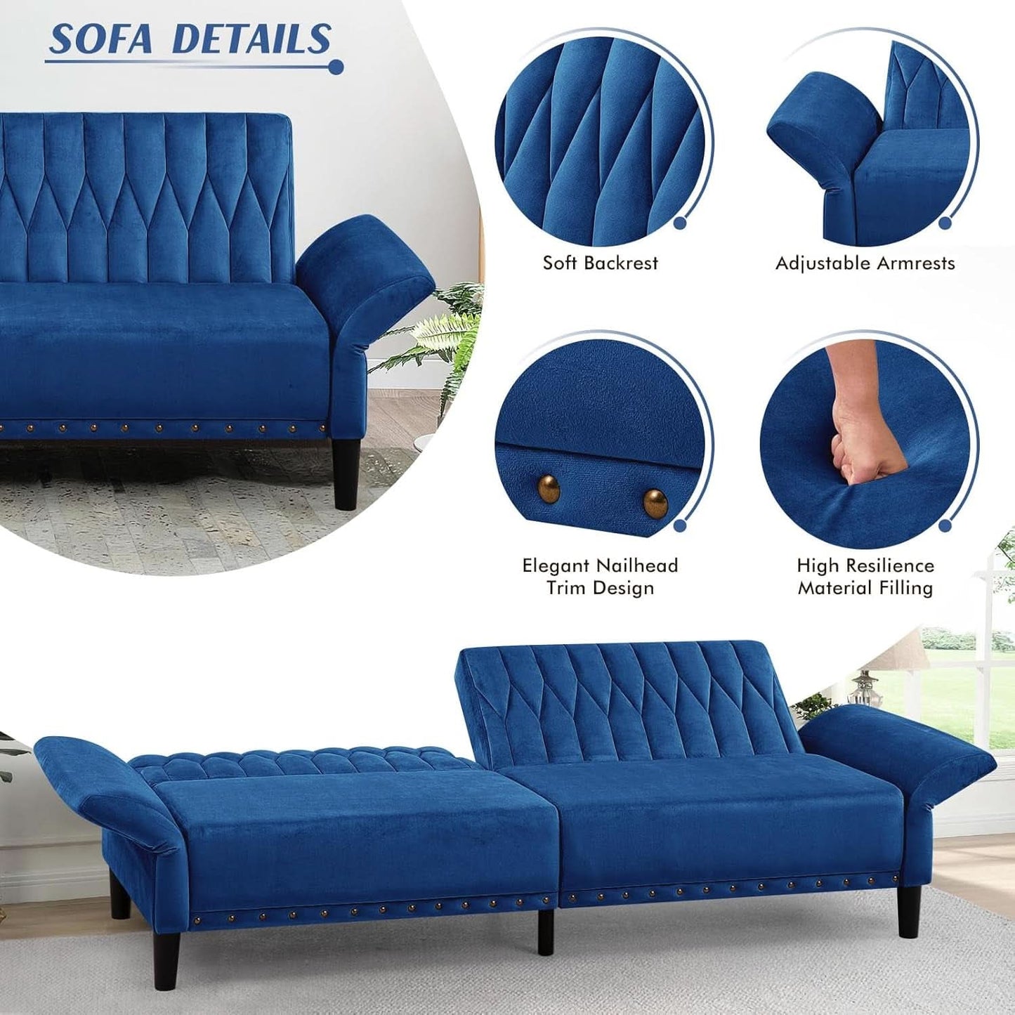 77Inch Velvet Convertible Sofa Bed Featuring Armrests - - Sleeper