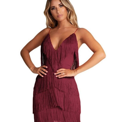 Deep V-Neck Fringe Tassel Dress - Wine Red 2X Extra Large - dress