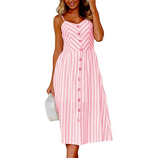 Summer Women's Midi Dress Ladies Casual Striped Slip Dress