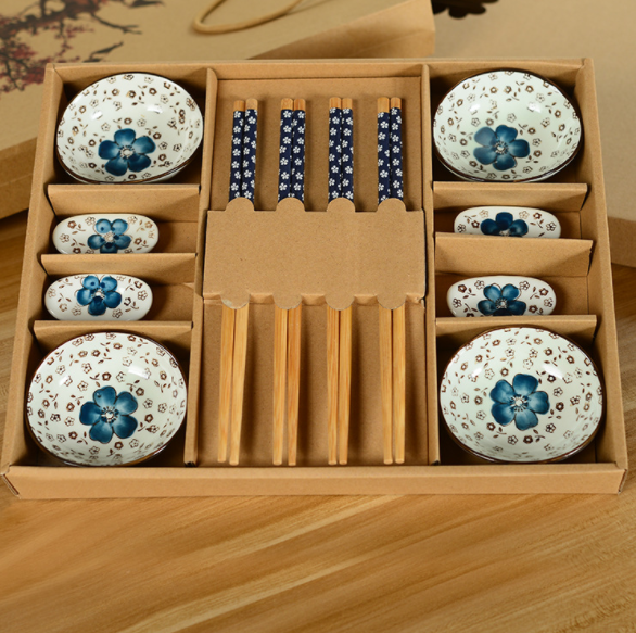 Ceramic Dinnerware Set with Chopsticks Gift Set - B Blue - dinner set