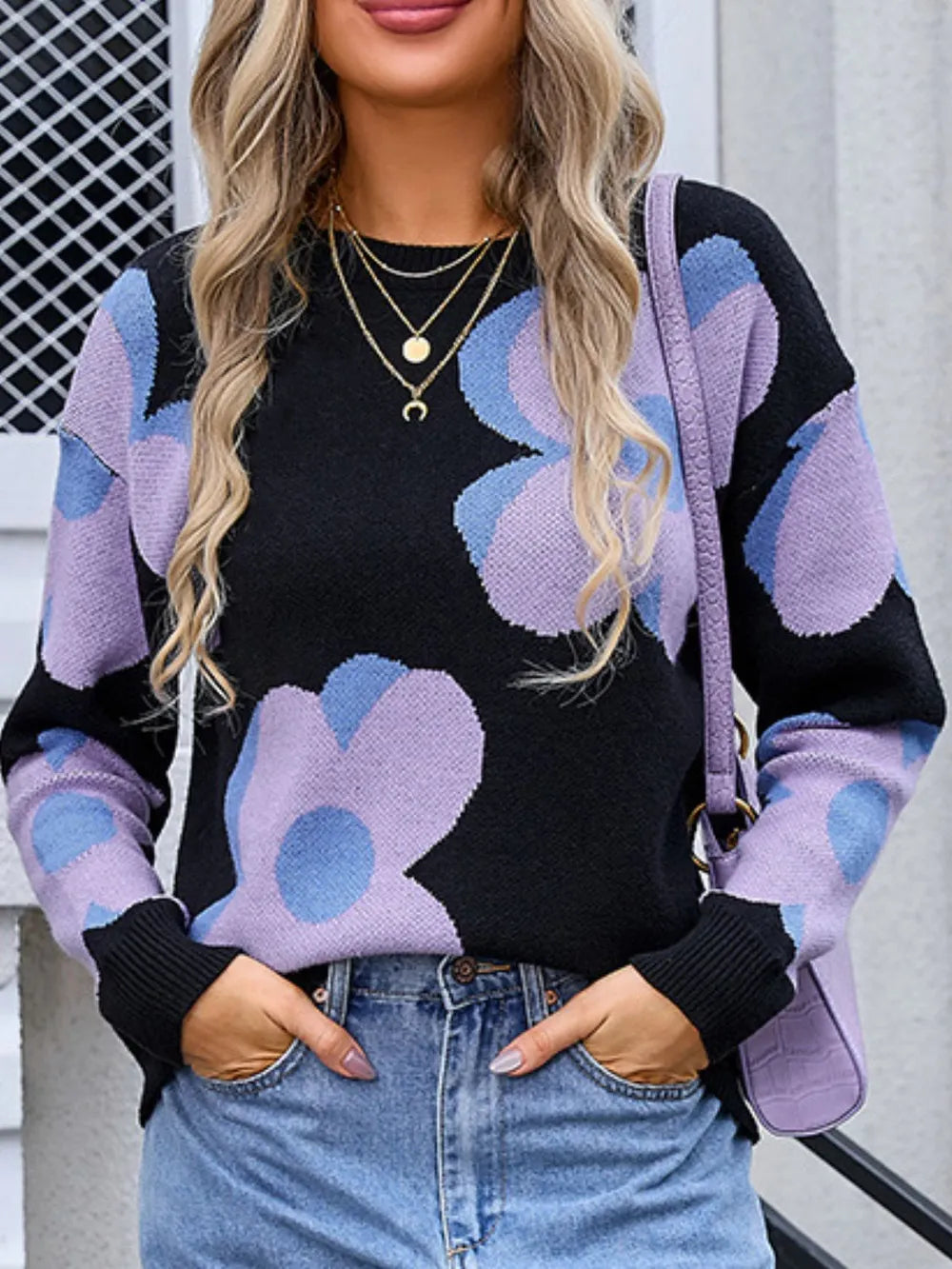 Angel Wings Flower Round Neck Long Sleeve Sweater - -