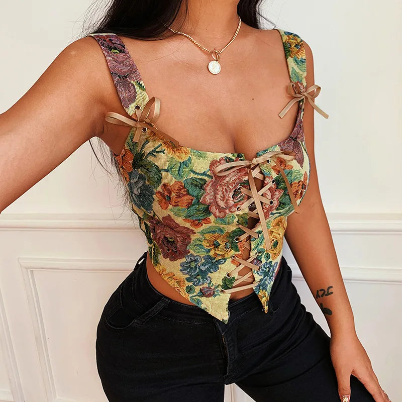 Lace Waist Vest Retro Style Floral Embroidery Straps Suspenders Tank Top