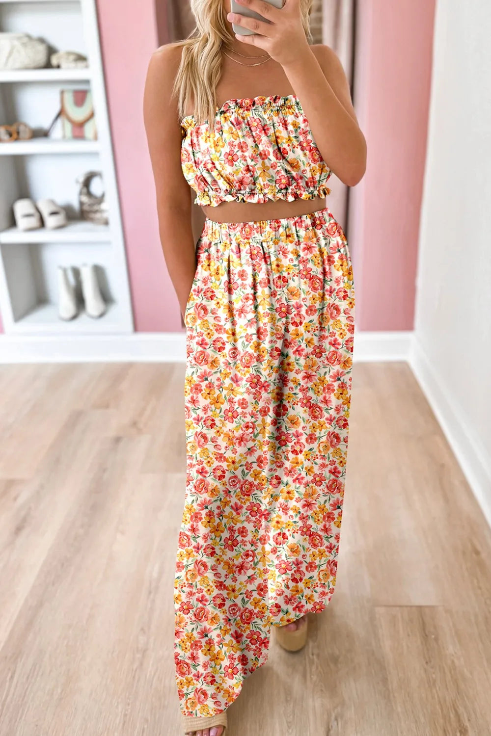 Boho Floral Bandeau Top and High Waist Wide Leg Pants Set - Floral -