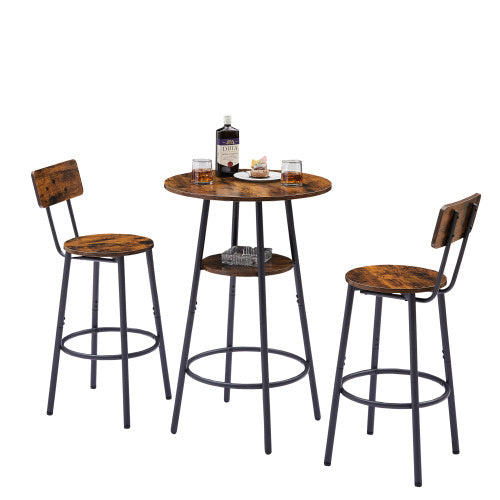 Rustic Brown Round Bar Stool Set with Shelves - - dining set