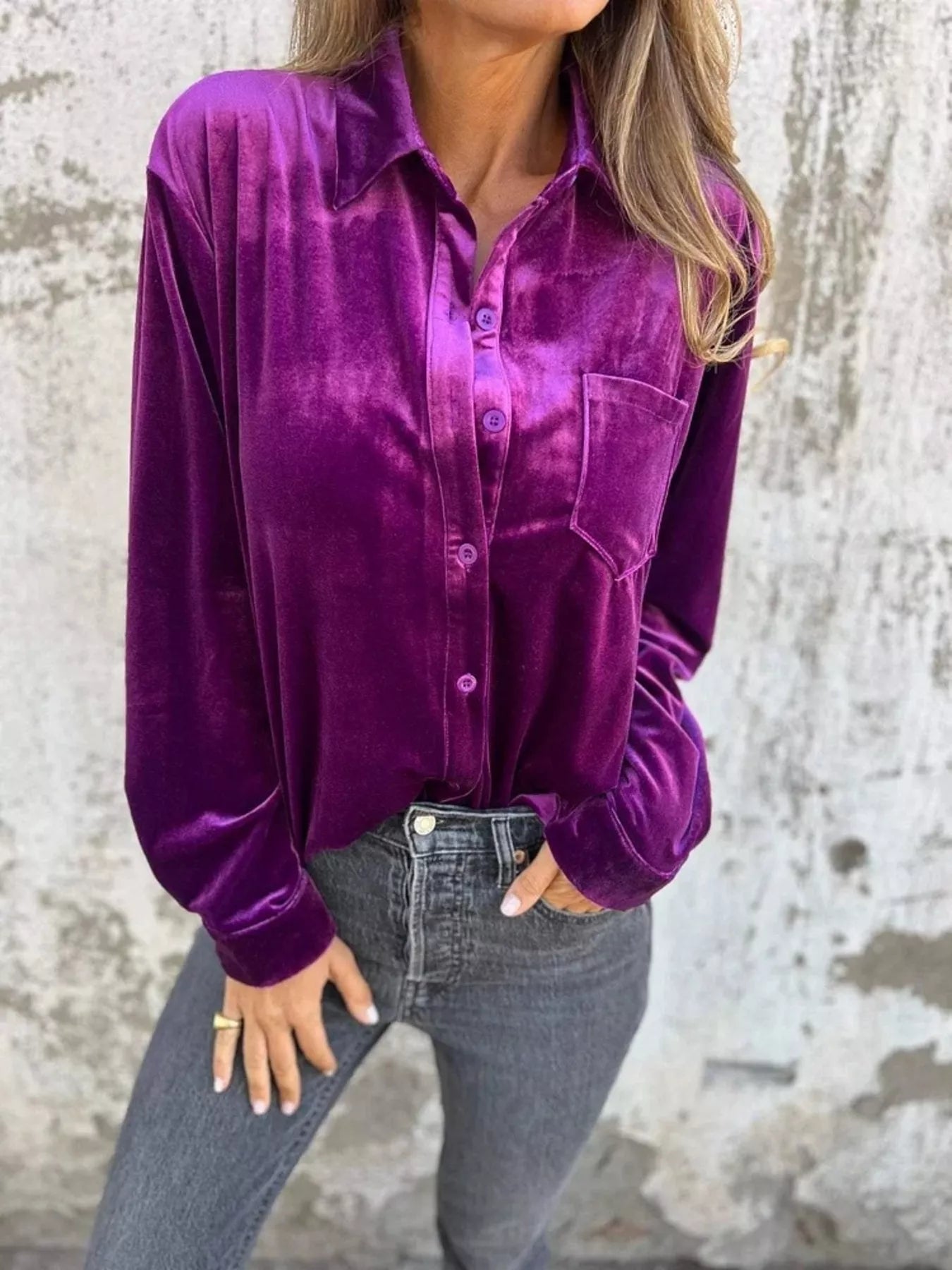 Full Size Velvet Button-Up Long Sleeve Shirt Plus Size - Purple -