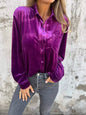 Full Size Velvet Button-Up Long Sleeve Shirt Plus Size - Purple -