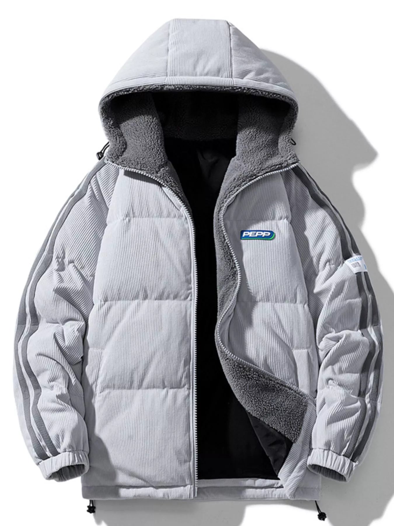 Men's Plus Size Hooded Zip Up Padded Jacket - Gray -