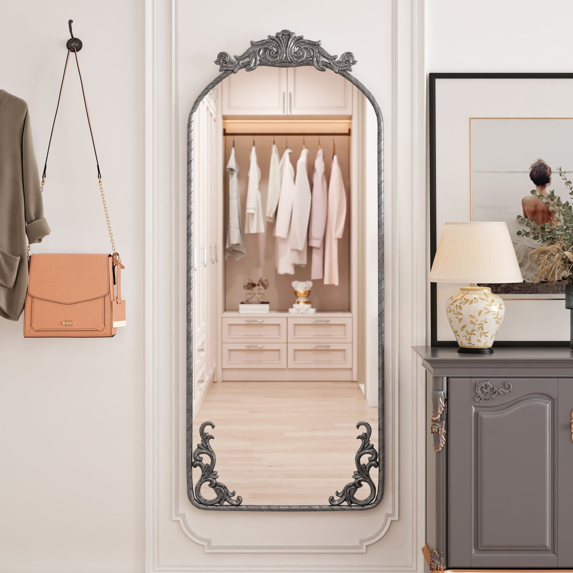Full Body Arched Mirror With Vintage Carved Applique - - Wall Mirrors