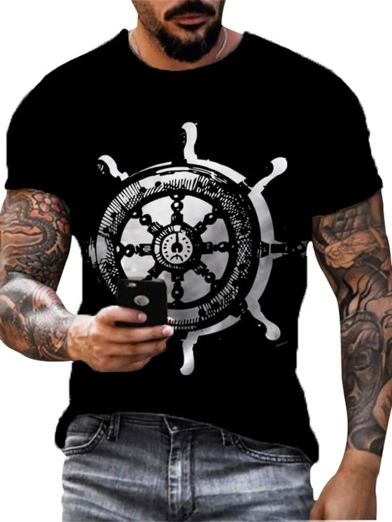 Men's Full Size Artistic Compass Graphic Round Neck T-Shirt Plus Size - Black -