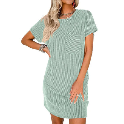 Women's Summer Casual Contrast Color Twisted Short Sleeve Dress With Pocket