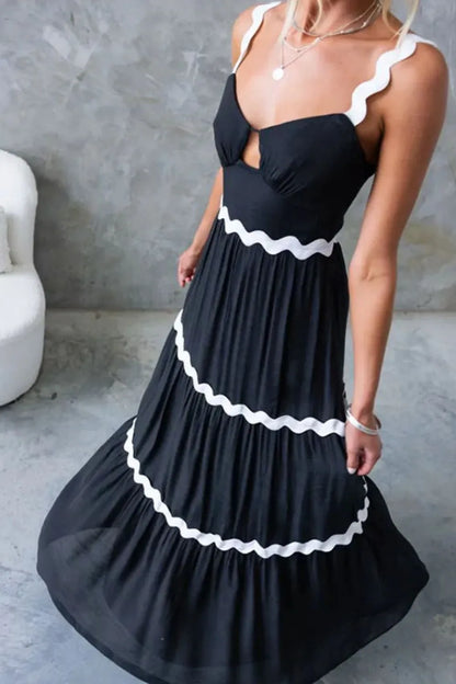 Tiered Maxi Dress with Scalloped Trim - -