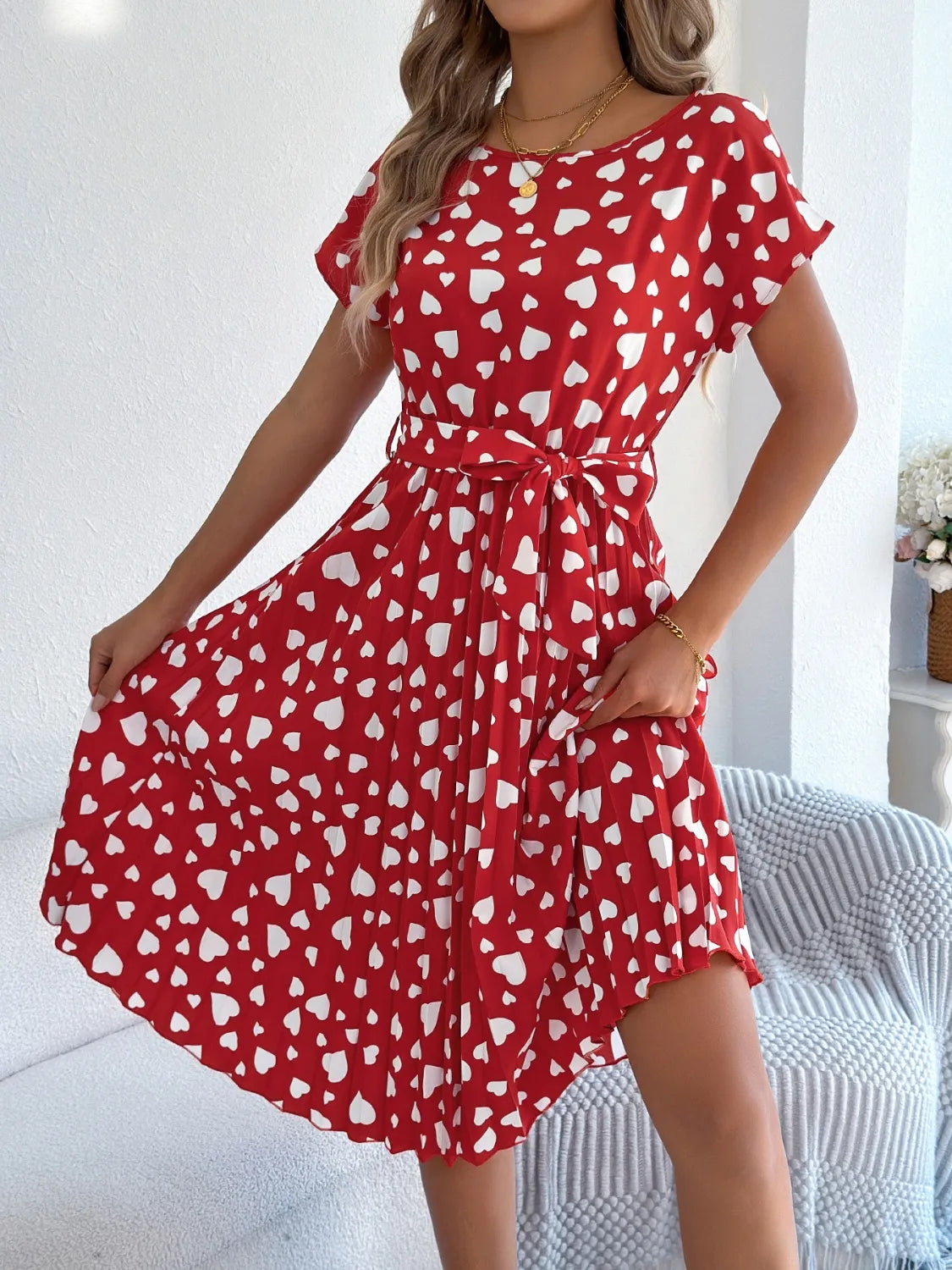Heart Print Short Sleeve Tie Waist Dress - -