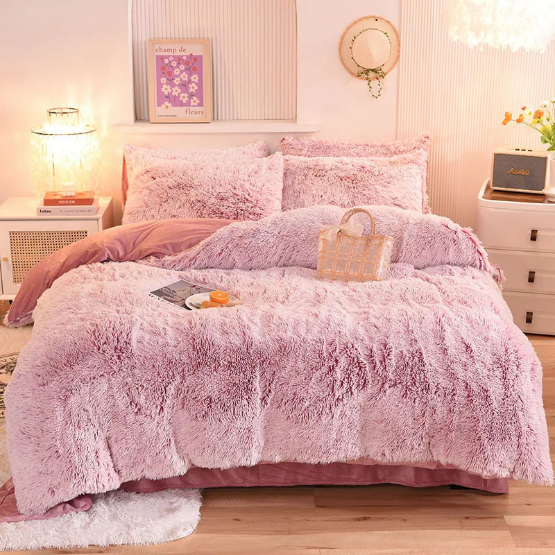 Rainbow Color Velvet Fluffy Plush Soft Bedding Bed Warm for Girl Sheet Set 4