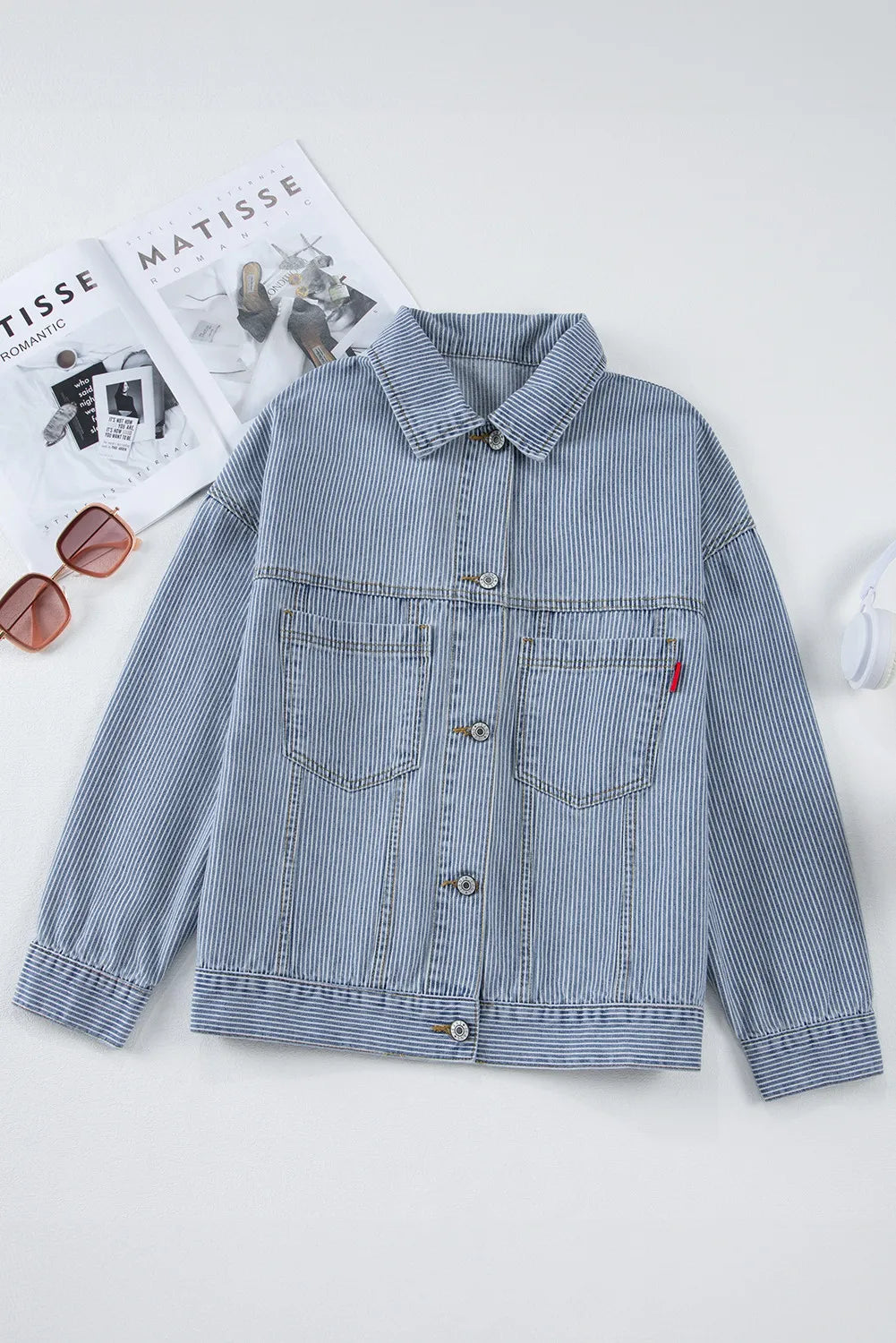 Striped Button Up Long Sleeve Denim Jacket - -