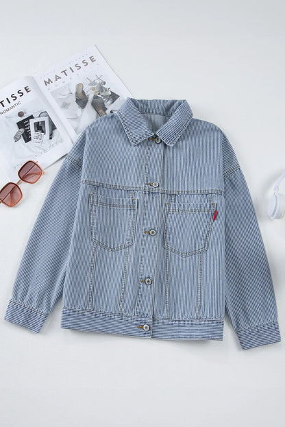 Striped Button Up Long Sleeve Denim Jacket - -