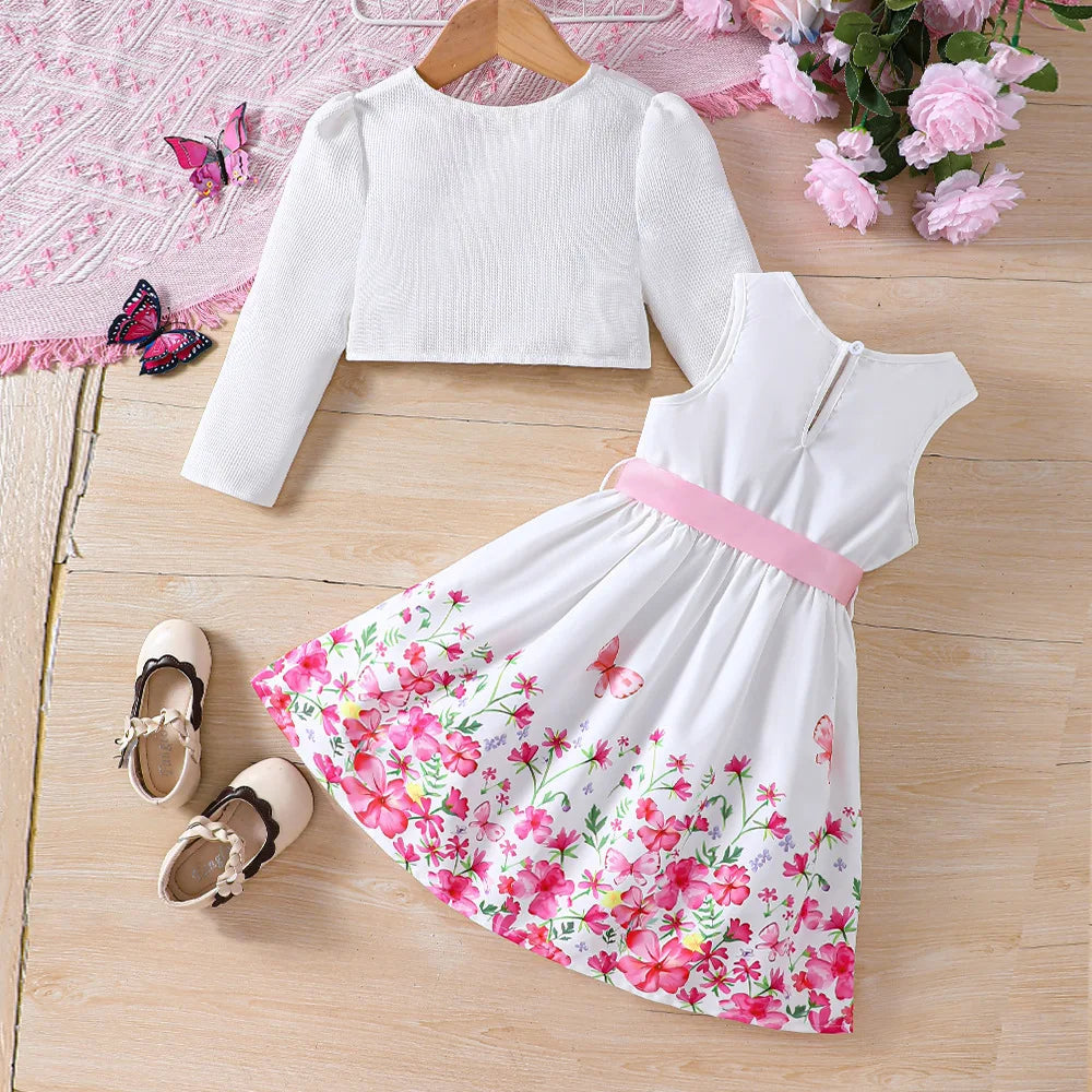 Girls Long Sleeve Cardigan and Floral Sundress Set