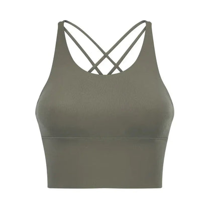 Comfort Full Support Padded Wire Free Cross Back Yoga Sports Bra Seamless moss green